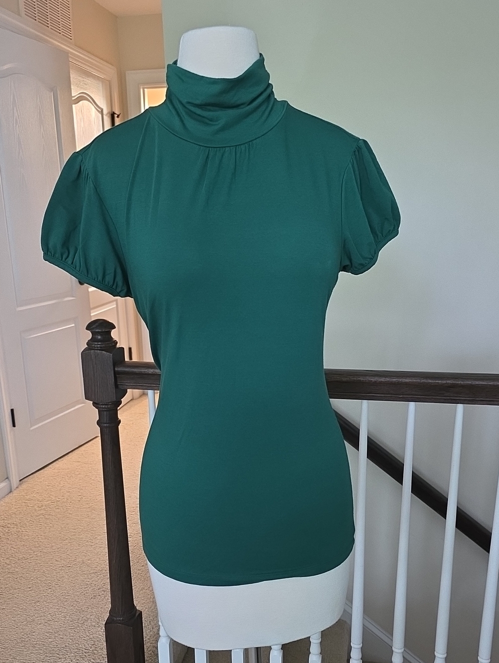 Banana Republic Forest Green Turtleneck Puff Sleeve Top. Darker Green Color.